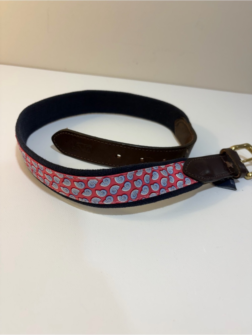 Vineyard Vines Pink Patterned Webbed Belt with Brown Leather Trim